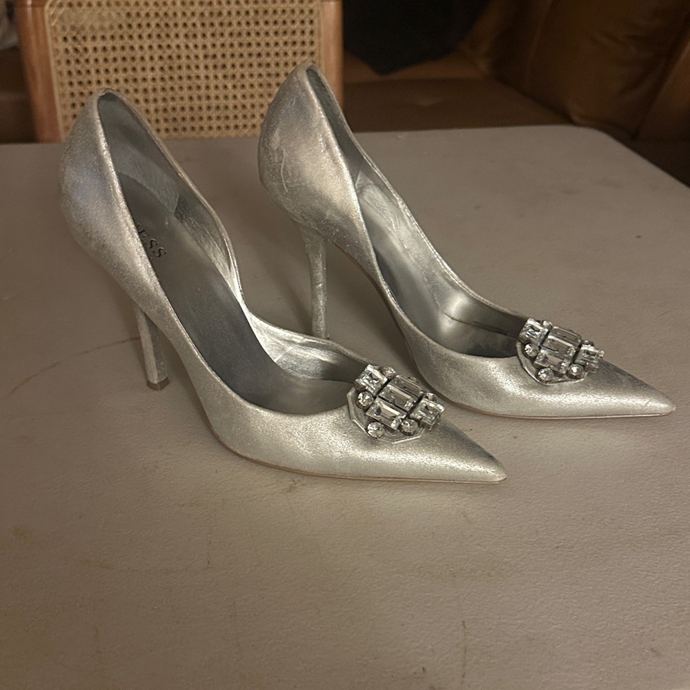 Guess Metallic Silver Heels with Embellishments